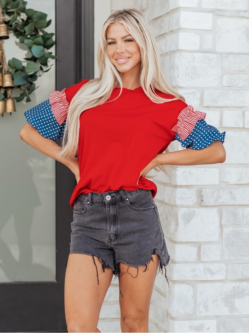 Stars & Stripes Ruffle Sleeve Women's Top in Red